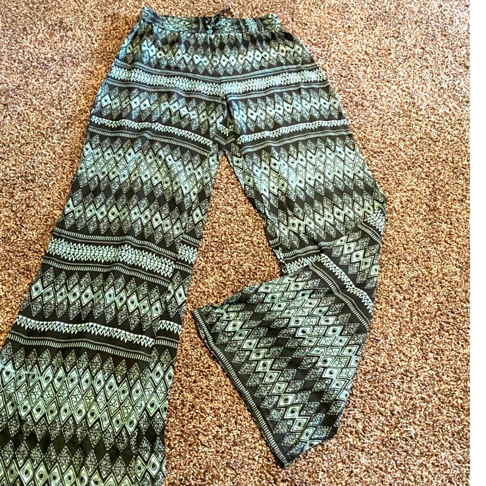 Denimlicious Wide Leg Pants Boho Tribal Print Festival Women Large Teal Black